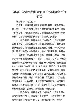 县在党建引领基层治理工作座谈会上的发言