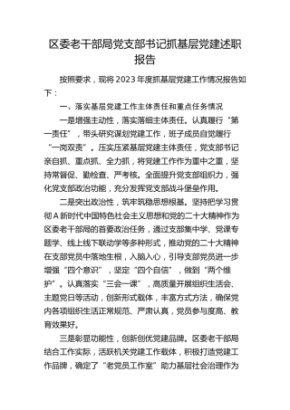 区委老干部局党支部书记抓基层党建述职报告（落实基层党建工作主体责任和重点任务、意识形态、党风廉政建设责任制三个方面）