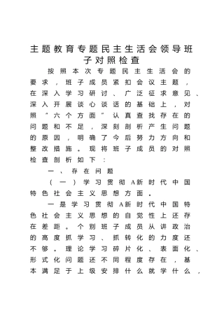 2023年度主题教育专题民主生活会班子对照检查4100字（最新6个方面践行宗旨、服务人民）