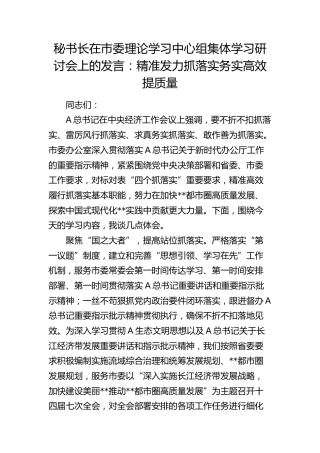 秘书长在市委理论学习中心组集体学习研讨会上的发言：精准发力抓落实 务实高效提质量