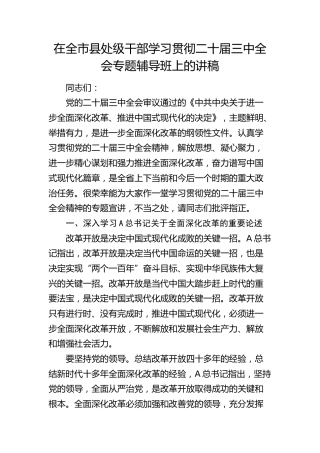 在全市县处级干部学习贯彻二十届三中全会专题辅导班上的讲稿（5800字党课）