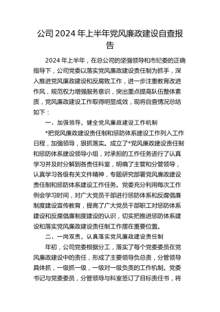 公司2024年上半年党风廉政建设自查报告（2100字总结）