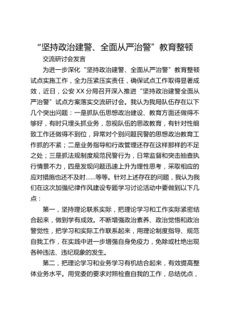 坚持政治建警全面从严治警教育整顿交流研讨会发言