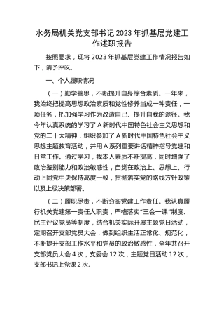 水务系统党支部书记2023年抓党建工作述职报告3000字