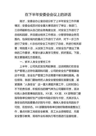 在下半年安委会会议上（公司安全生产）的讲话