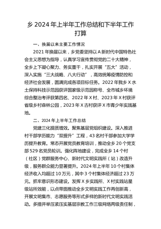 乡镇2024年上半年工作总结和下半年工作打算（汇报）