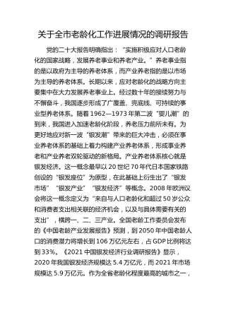 全市老龄化工作进展情况的调研报告