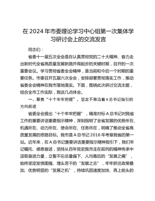 在2024年市中心组集体学习研讨会上的交流发言（省委全会）