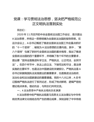 党课：学习贯彻总书记法治思想，坚决把严格规范公正文明执法落到实处