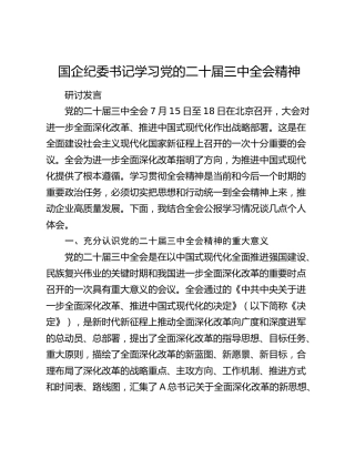 国企公司纪委书记二十届三中全会精神研讨发言1900字