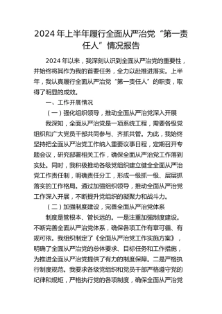 2024年上半年履行全面从严治党“第一责任人”情况报告2