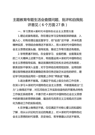 主题教育生活会查摆问题、批评意见6个方面27条