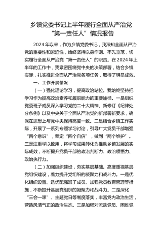 乡镇党委书记上半年履行全面从严治党“第一责任人”情况报告