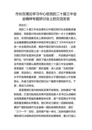 市长在中心组二十届三中全会精神专题研讨会上的交流发言