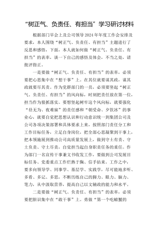 公司“树正气、负责任、有担当”学习研讨发言