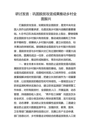 研讨发言：巩固脱贫攻坚成果  推动乡村全面振兴
