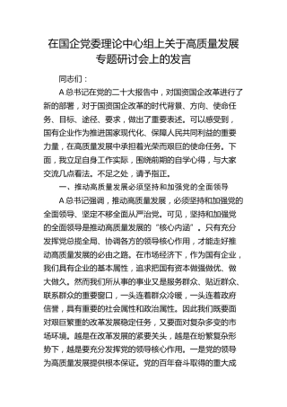 国企公司中心组关于高质量发展专题研讨会上的发言