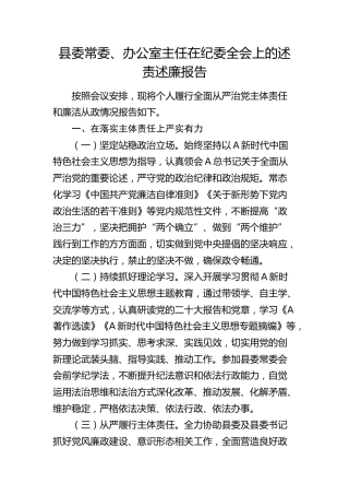 县委常委、办公室主任在纪委全会上的述责述廉报告1800字