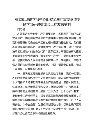 在中心组安全生产重要论述专题学习研讨交流会上的发言材料
