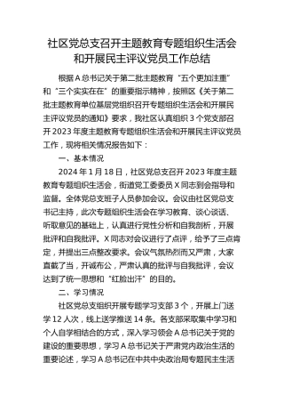 社区党总支召开主题教育专题组织生活会和开展民主评议党员工作总结4100字