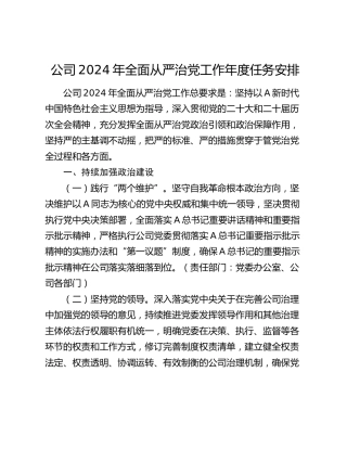 公司2024年全面从严治党工作年度任务方案（计划）