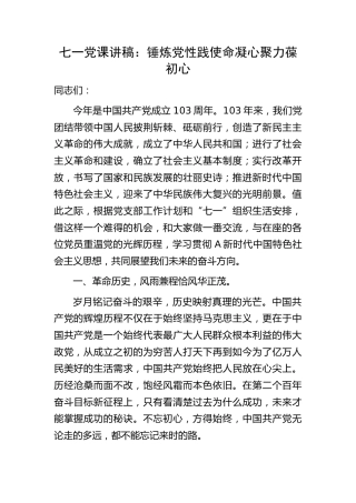 七一党课：锤炼党性践使命凝心聚力葆初心5000字