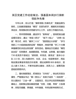 区党建工作经验做法：强基固本阔步行 旗帜领航争先锋