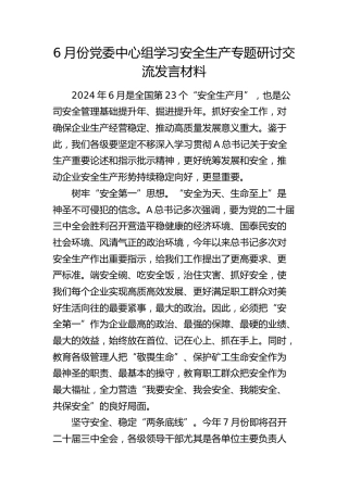 6月份中心组学习安全生产专题研讨交流发言