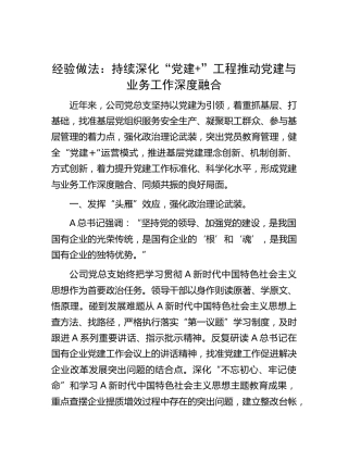 经验做法：持续深化“党建+”工程推动党建与业务工作深度融合