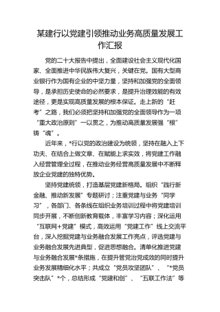 银行以党建引领推动业务高质量发展工作汇报