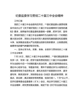 纪委监委学习贯彻二十届三中全会精神工作总结汇报3200字