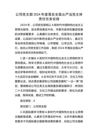 公司党支部2024年度落实全面从严治党主体责任任务计划