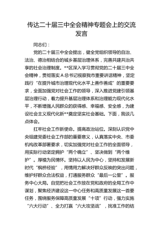 社会工作部二十届三中全会精神专题会交流发言