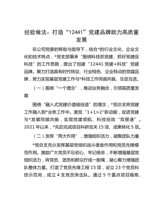 经验做法：打造“12441”党建品牌 助力高质量发展