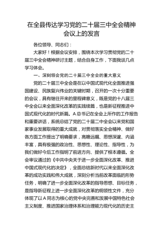 副县长在全县传达学习二十届三中全会精神会议上的发言
