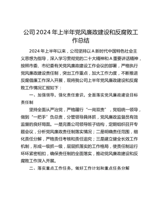 公司2024年上半年党风廉政建设和反腐败工作总结1600字
