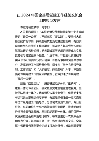 在2024年国企基层党建工作经验交流会上的典型发言（公司）