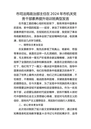 市司法局政治部主任在机关党务干部素养提升培训班典型发言（心得）
