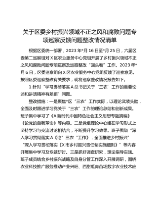 乡村振兴领域不正之风和腐败问题专项巡察反馈问题整改情况清单报告（问题整改措施总结）