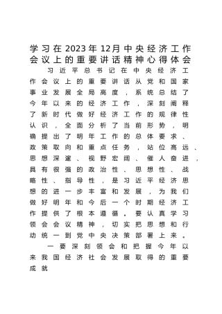 学习在2023年12月中央经济工作会议上的重要讲话精神心得体会