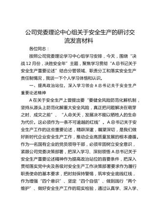 公司中心组关于安全生产的研讨交流发言