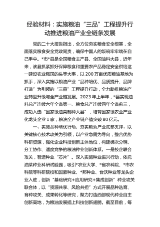 经验总结：实施粮油“三品”工程  提升行动推进粮油产业全链条发展