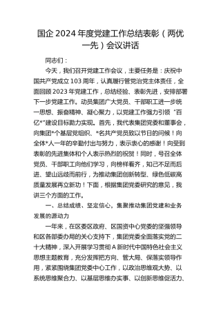 国企2024年度党建工作总结表彰（两优一先）会议讲话（公司）