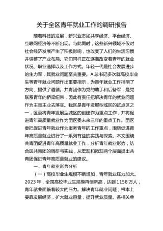 全区青年就业工作的调研报告