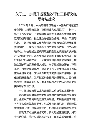 关于进一步提升巡视整改评估工作质效的思考与建议（调研报告、研讨发言参考）（巡察）