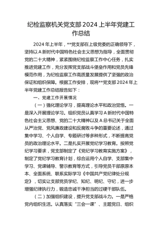 纪检监察机关党支部2024年上半年党建工作总结2300字