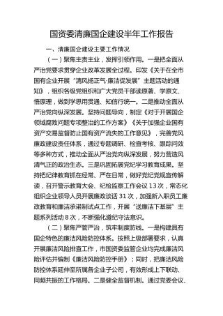 2024年市国资委清廉国企建设半年工作总结报告3400字