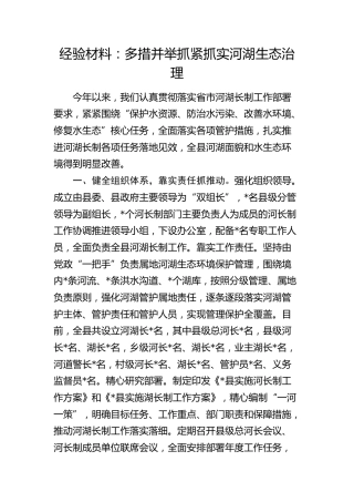 经验总结：多措并举抓紧抓实河湖生态治理
