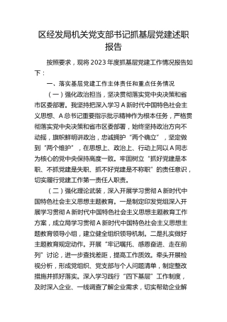 区经发局机关党支部书记抓基层党建述职报告（落实基层党建工作主体责任和重点任务、意识形态、党风廉政建设责任制三个方面）