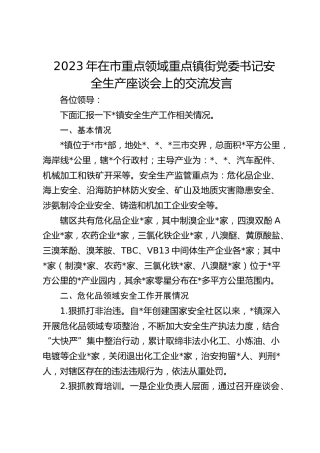 在重点领域重点镇街党委书记安全生产座谈会上的交流发言（乡镇汇报）